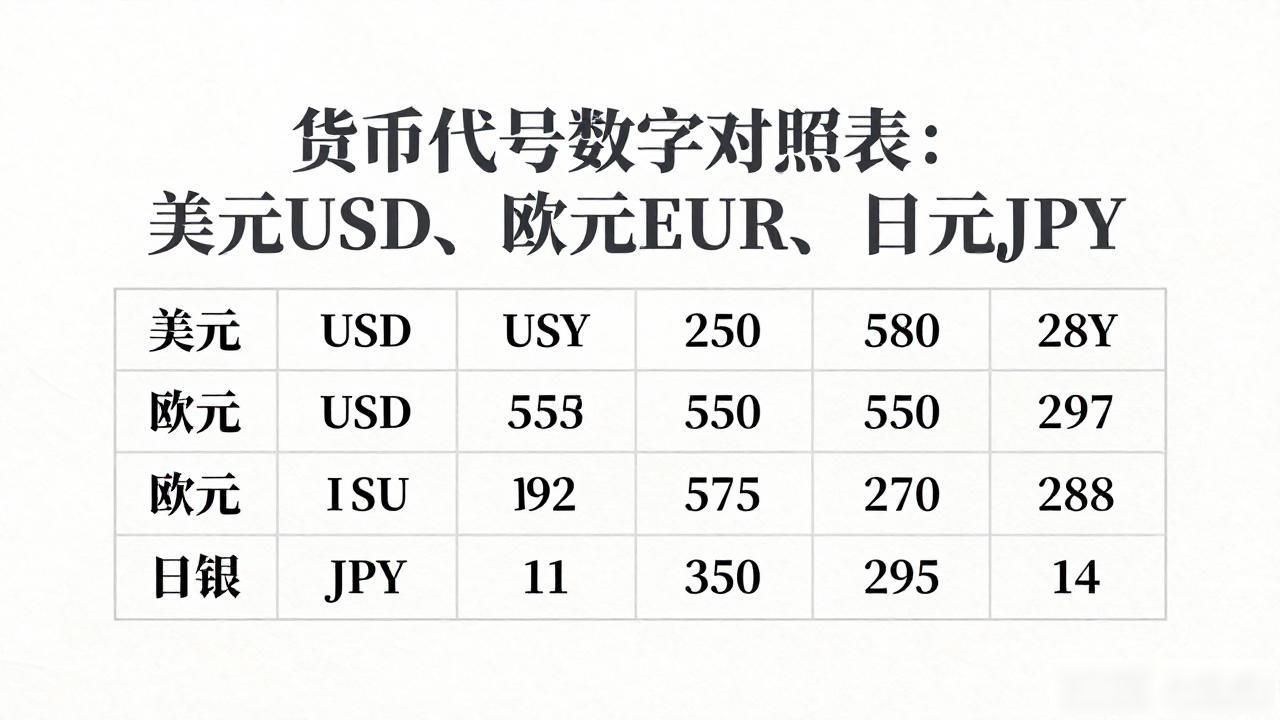 货币代号数字对照表：美元USD、欧元EUR、日元JPY